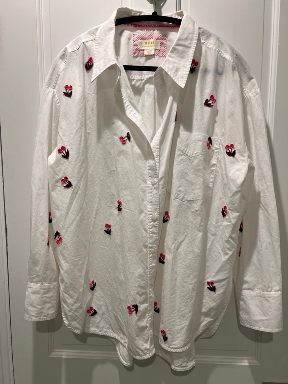 Maeve White Button-Up Shirt with Cherry Appliqués
